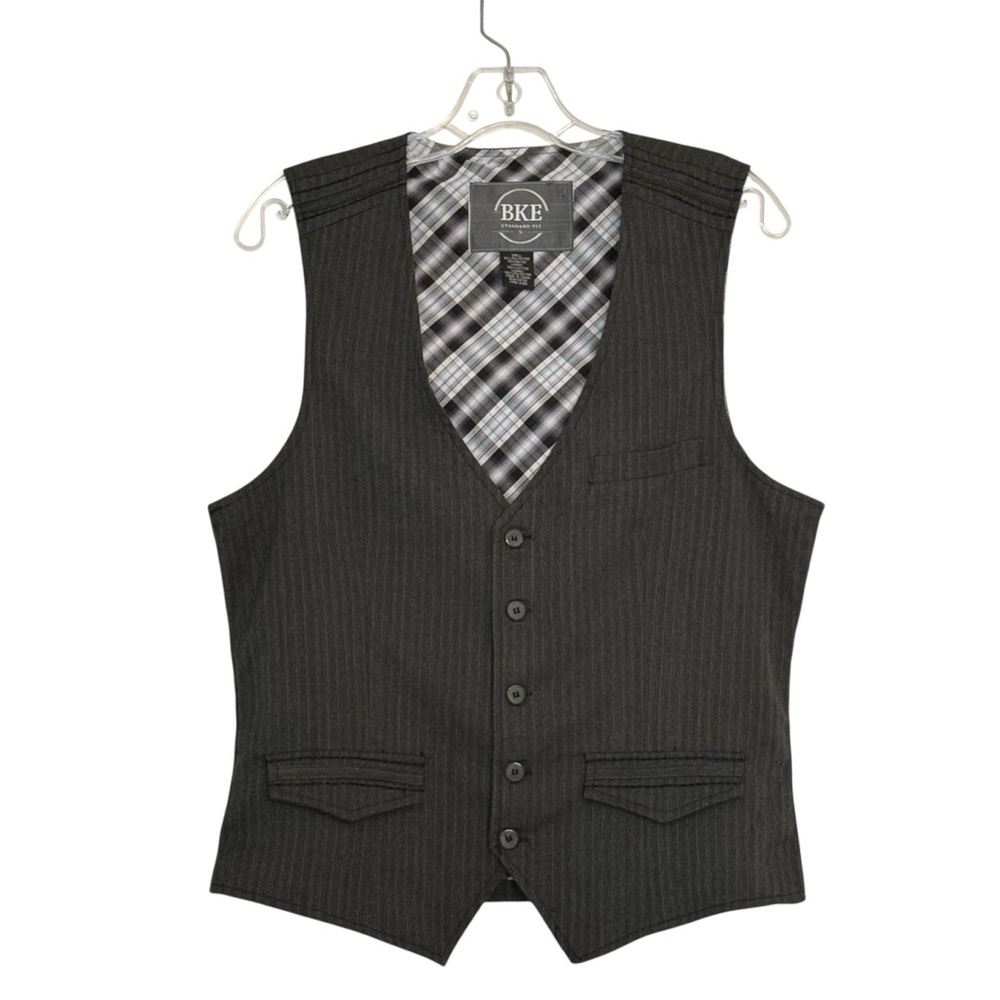 BKE | Dark Grey Pinstripe 5 Button Front Men's Vest with Checkered Lining